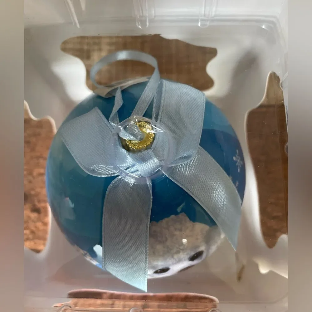 NEW- White Poodle Dog Christmas Ornament Blue Snowflakes Round  E&S Pets